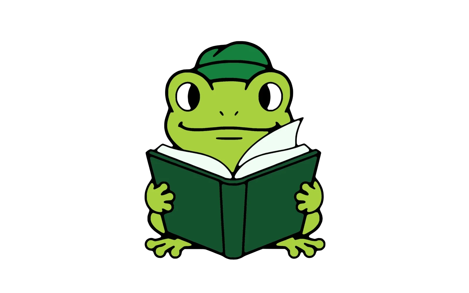 FrogsWork mascot: a green frog in a beanie reading an open book