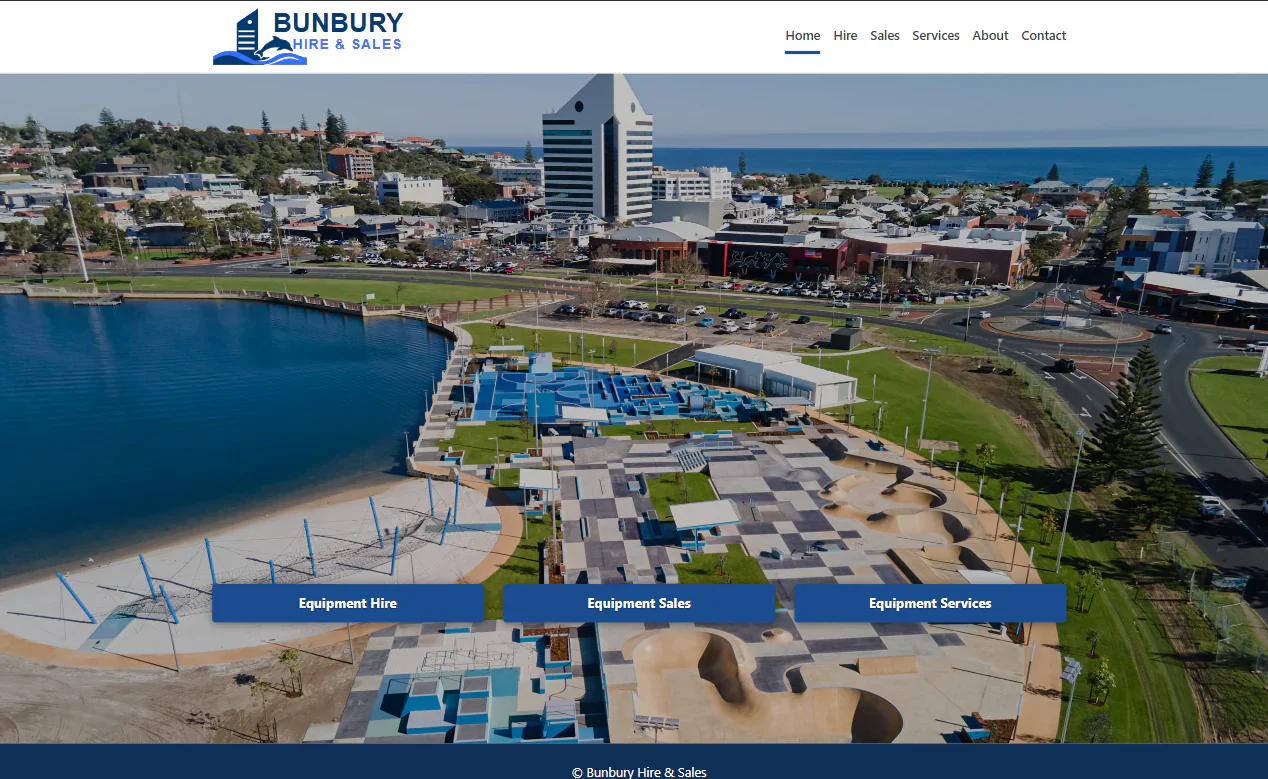 Screenshot of the landing page for Bunbury Hire & Sales, with a large aerial hero image of Bunbury's Koolabidi Woola Youth Precinct.