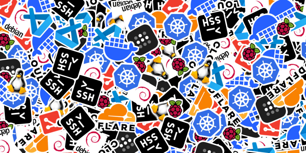 Sticker‑bomb collage of homelab‑related logos including Raspberry Pi, Linux, Debian, SSH, Cloudflare, Kubernetes, Docker, Git, and VS Code.